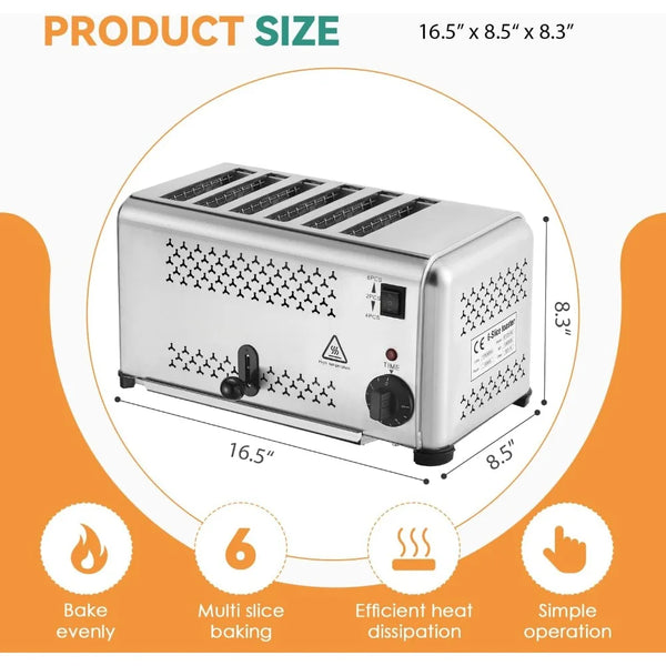 6 Slots, 110V Stainless Steel, 8.5" Deep x 16.5" Wide x 8.3" High Commercial Toaster