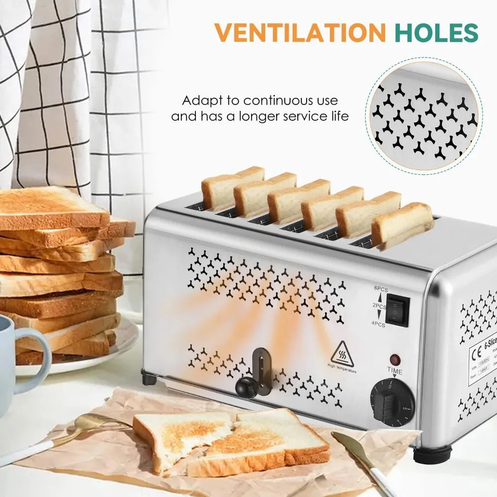 6 Slots, 110V Stainless Steel, 8.5" Deep x 16.5" Wide x 8.3" High Commercial Toaster