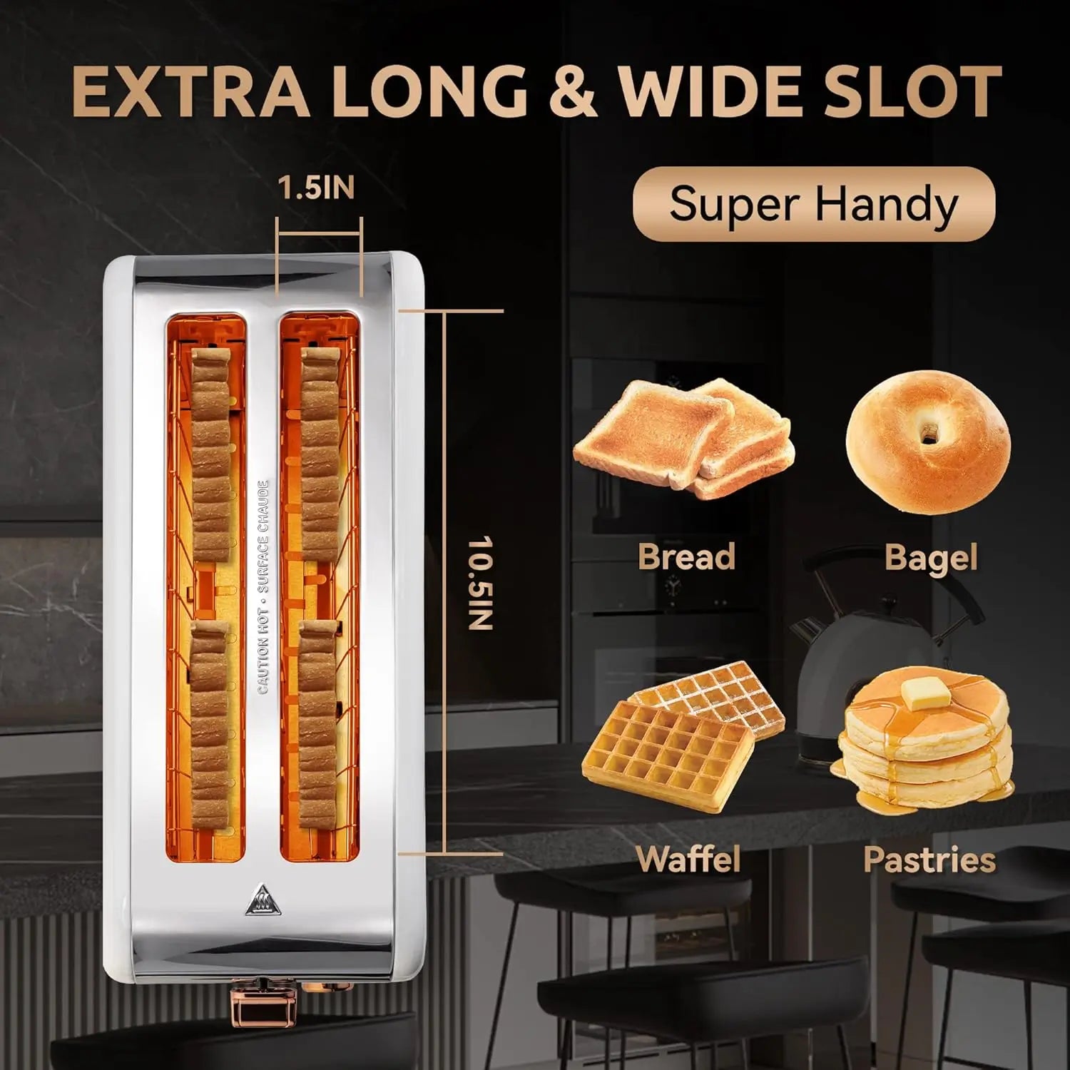 2 Long Wide Slots for Bagels, Waffles, Toast, 6 Browning Levels Toaster
