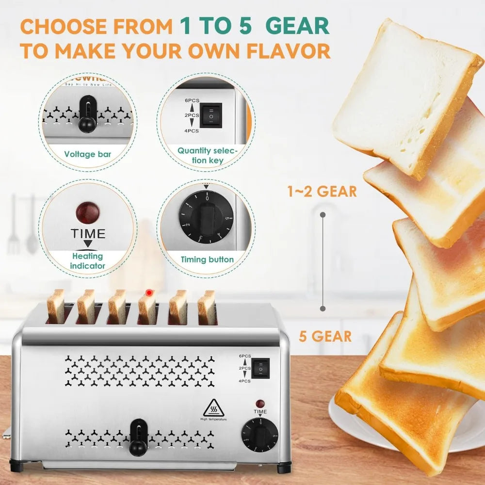 6 Slots, 110V Stainless Steel, 8.5" Deep x 16.5" Wide x 8.3" High Commercial Toaster
