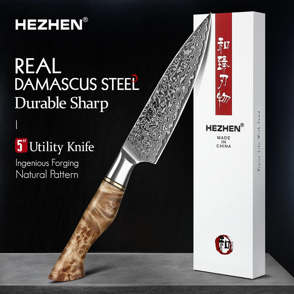 HEZHEN 5" Utility Knife – 67-Layer Damascus Super Steel