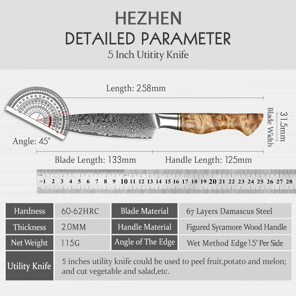 HEZHEN 5" Utility Knife – 67-Layer Damascus Super Steel