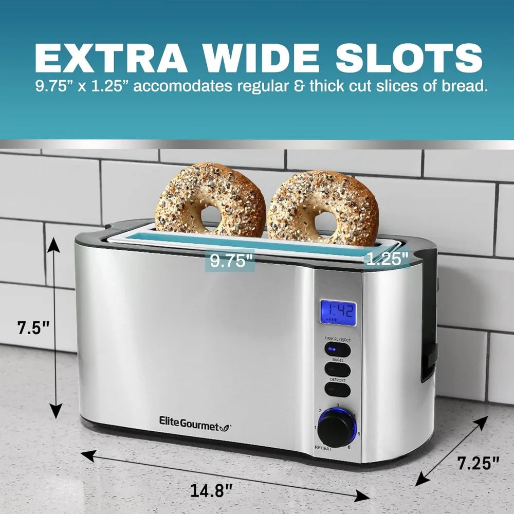 Long Slot 4-Slice Toaster – Countdown Timer, 6 Toast Settings, Warming Rack