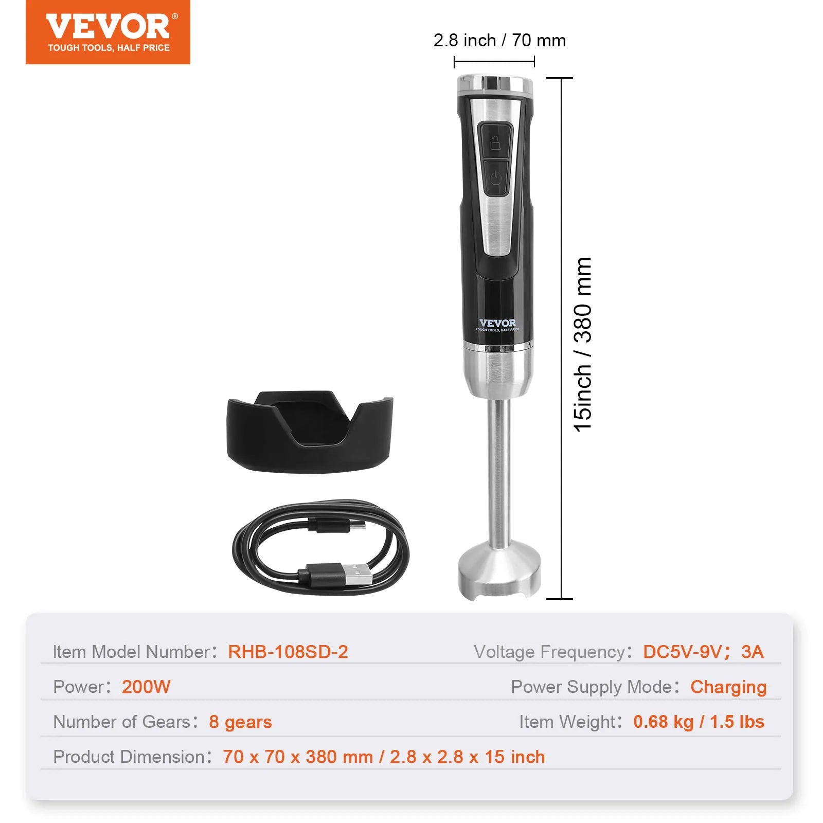 VEVOR 8-Speed Immersion Mini Blender